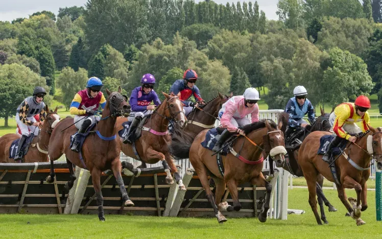 Horses taking on a jump at Uttoxeter Races